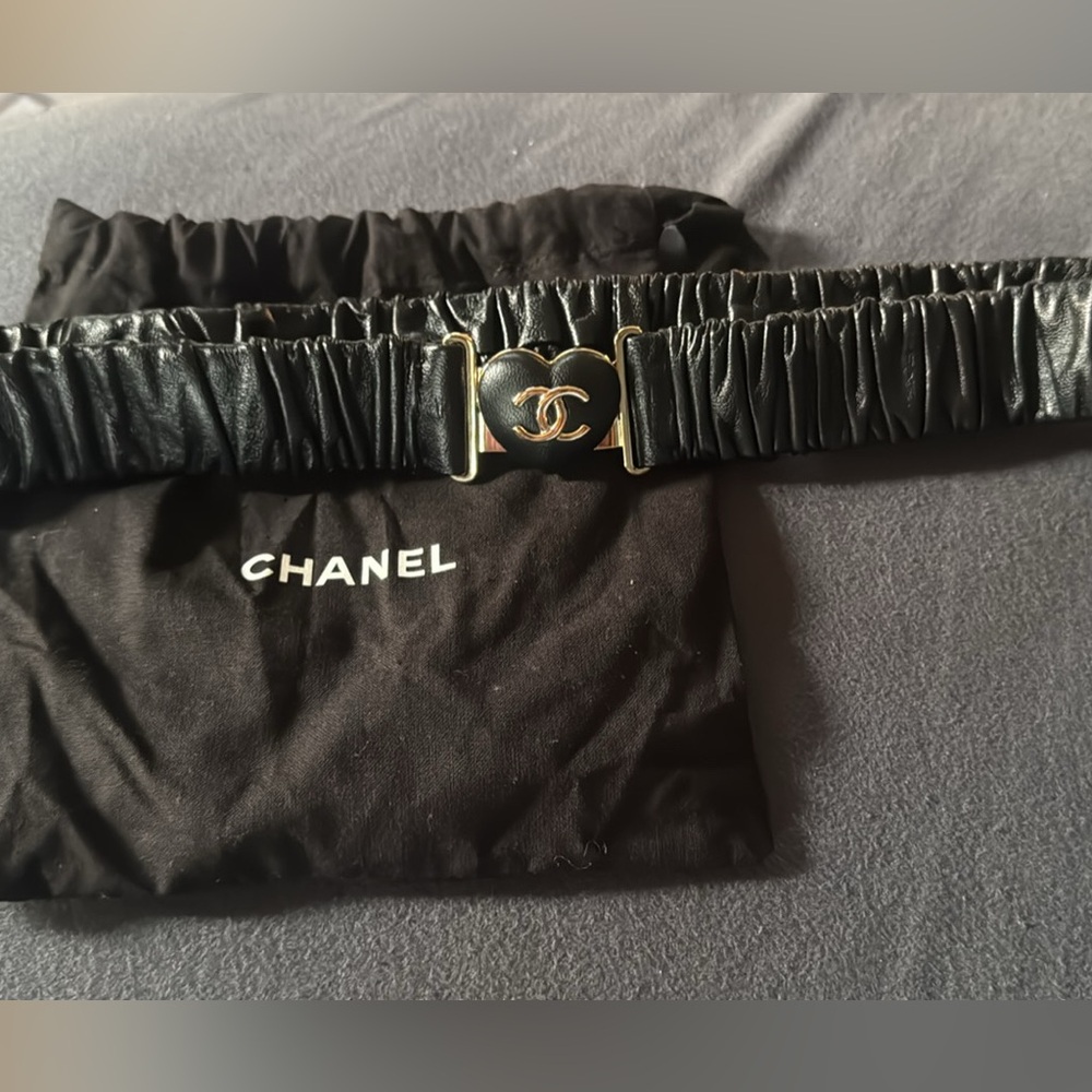 CHANEL Black Leather Belt with Gold Heart Logo